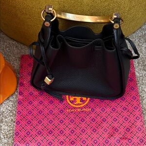 Tory Burch Black Leather Tote with Wood handle and Gold Accents-Summer Outings